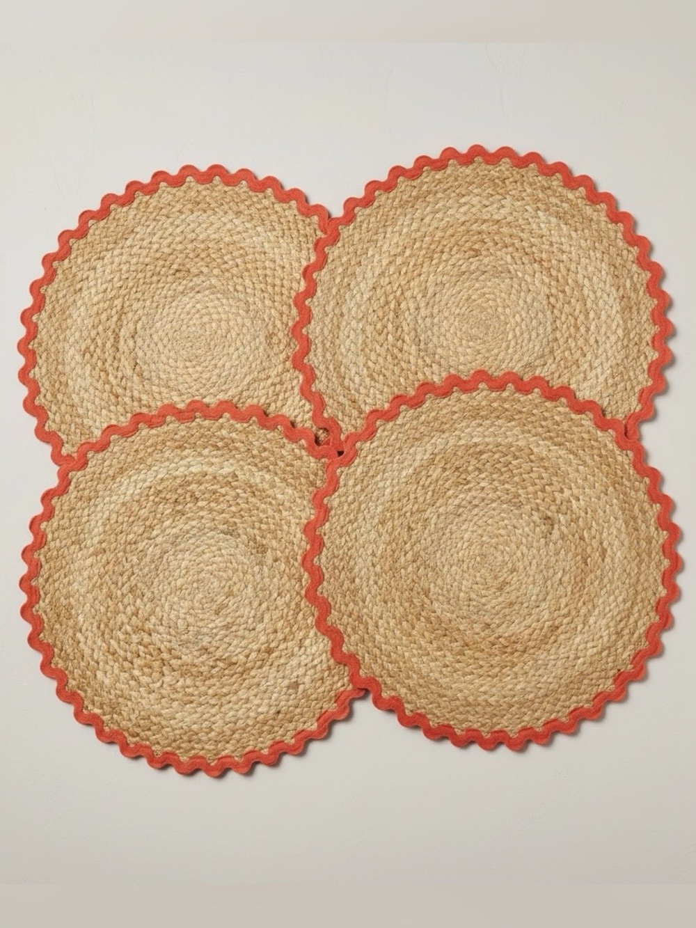4 Pack Hearth & Hand w/ Magnolia Round Woven Charger Rickrack Trim- Orange NWT
